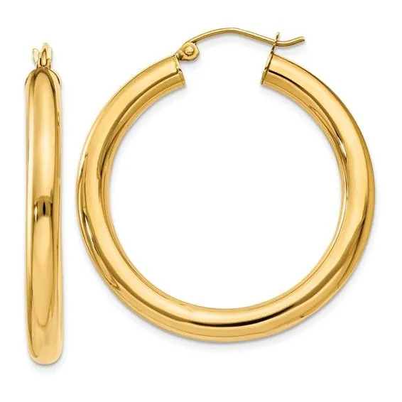 14K Y Gold 35mm Polished Tube Hoop Earrings