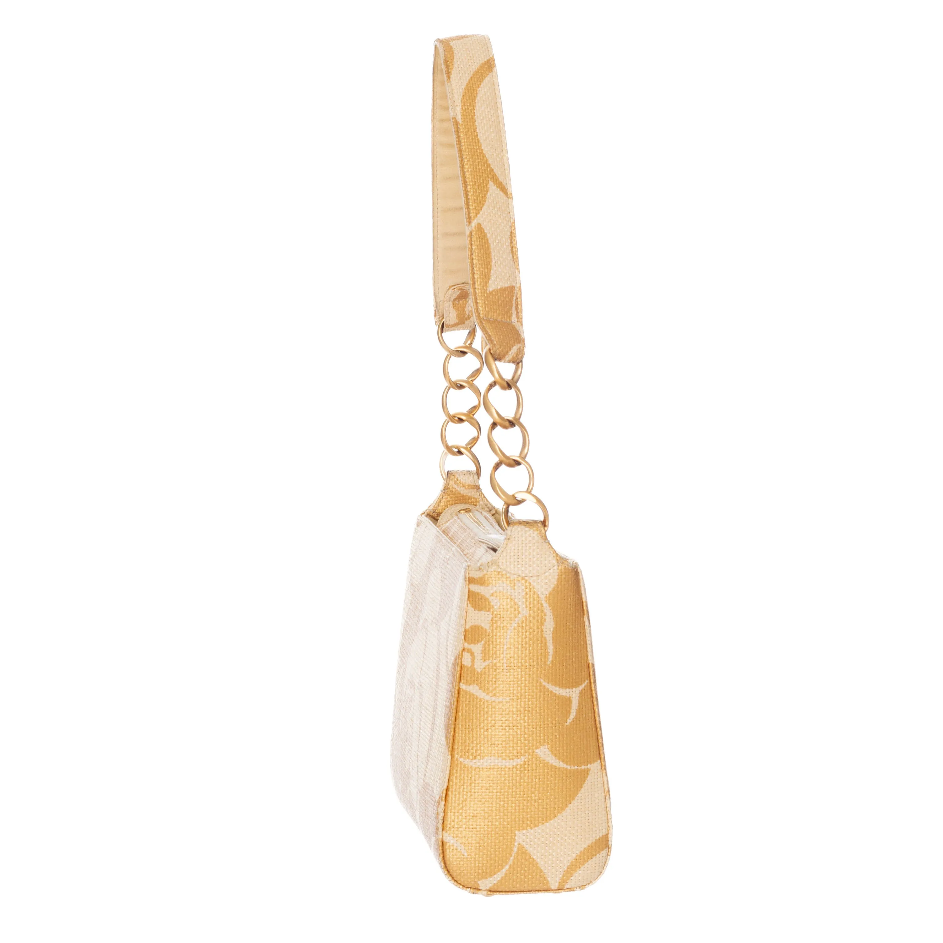 2003 Raffia Gold Camellia Print Shoulder Bag