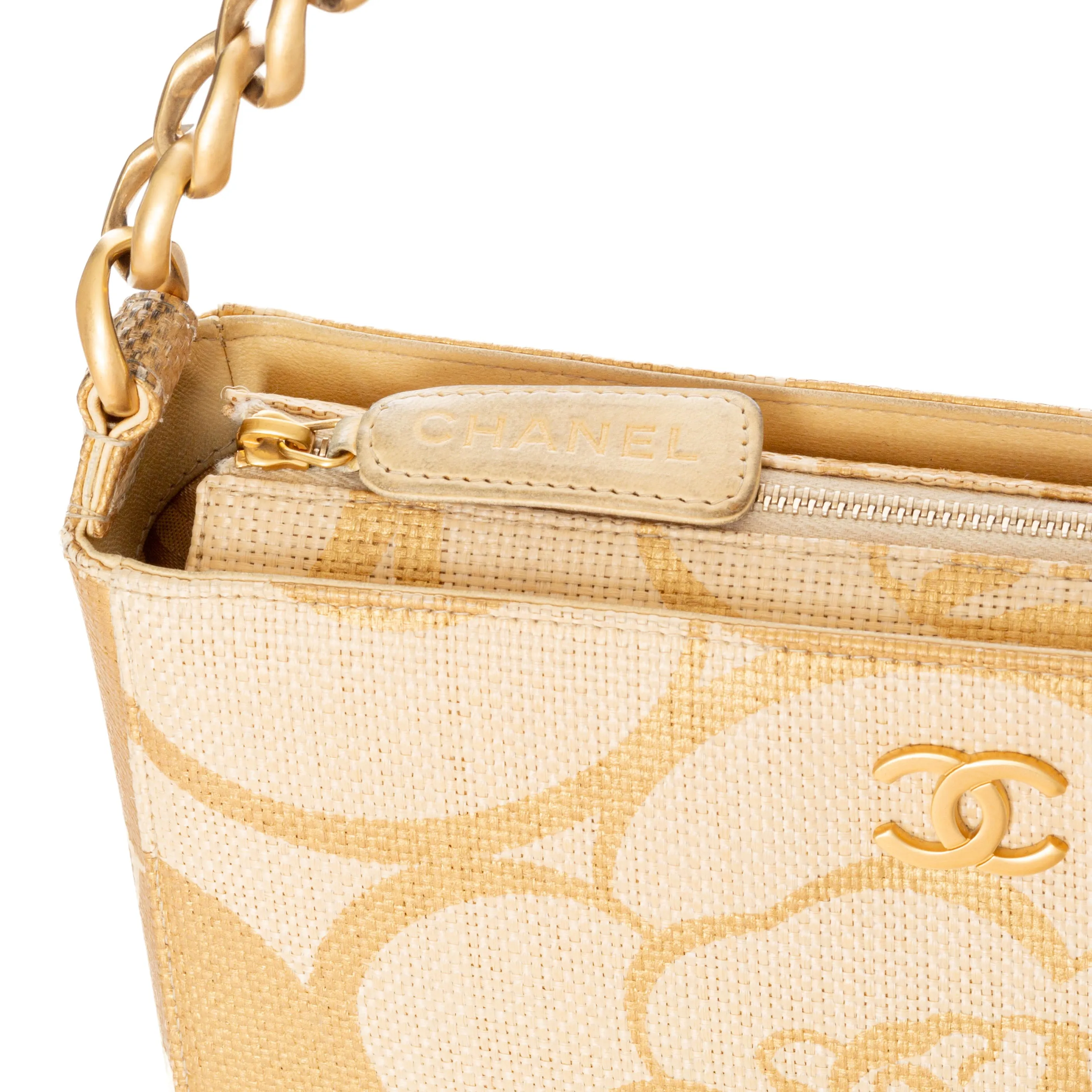 2003 Raffia Gold Camellia Print Shoulder Bag