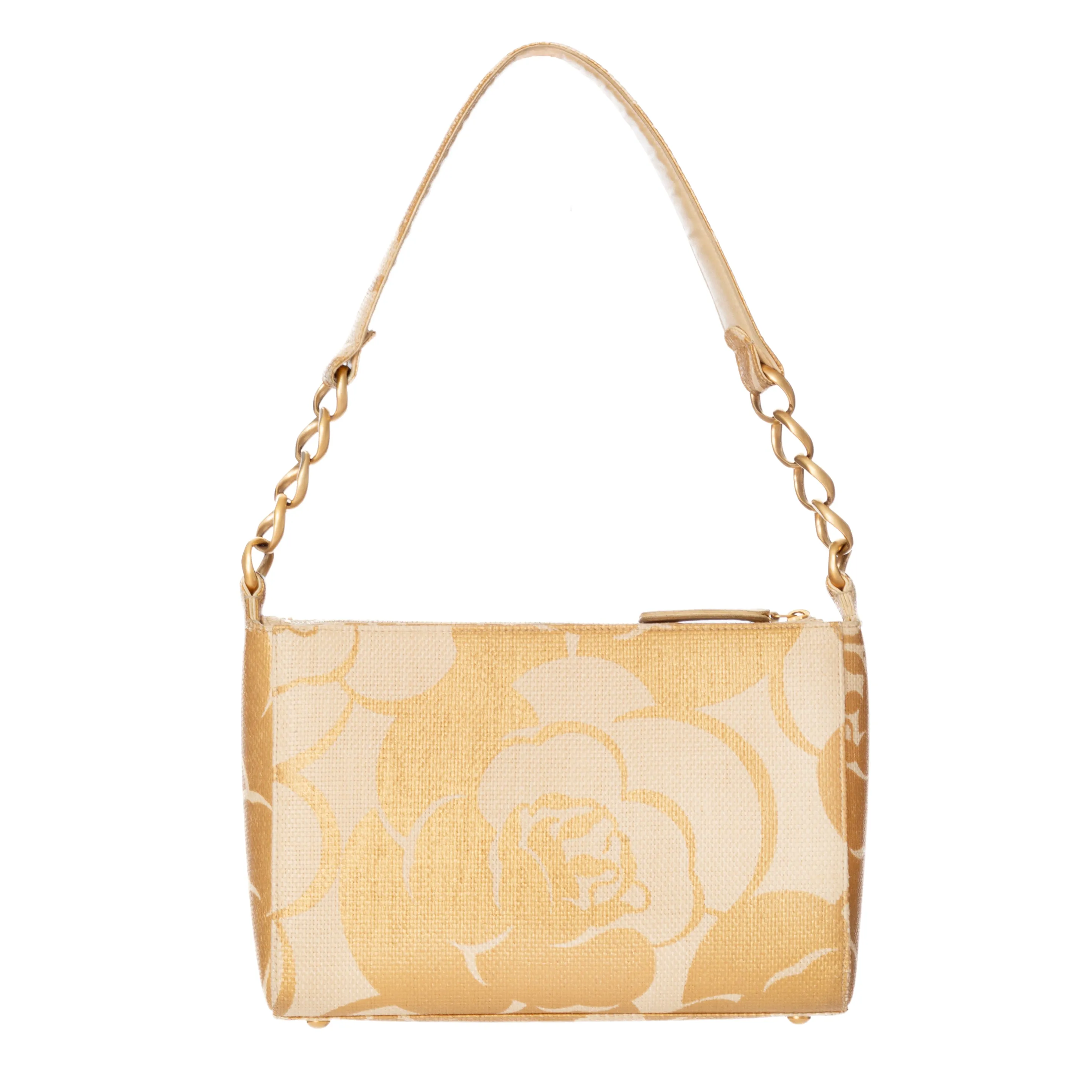 2003 Raffia Gold Camellia Print Shoulder Bag