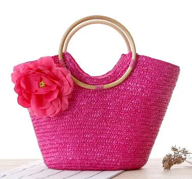 2021 New Rattan Handle Woven Bag Flowers Straw Bag Leisure Vacation Tote Beach Bag For Women Luxury