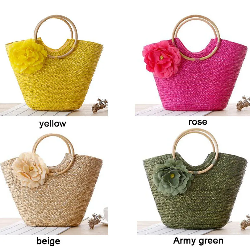 2021 New Rattan Handle Woven Bag Flowers Straw Bag Leisure Vacation Tote Beach Bag For Women Luxury