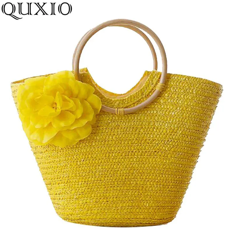 2021 New Rattan Handle Woven Bag Flowers Straw Bag Leisure Vacation Tote Beach Bag For Women Luxury