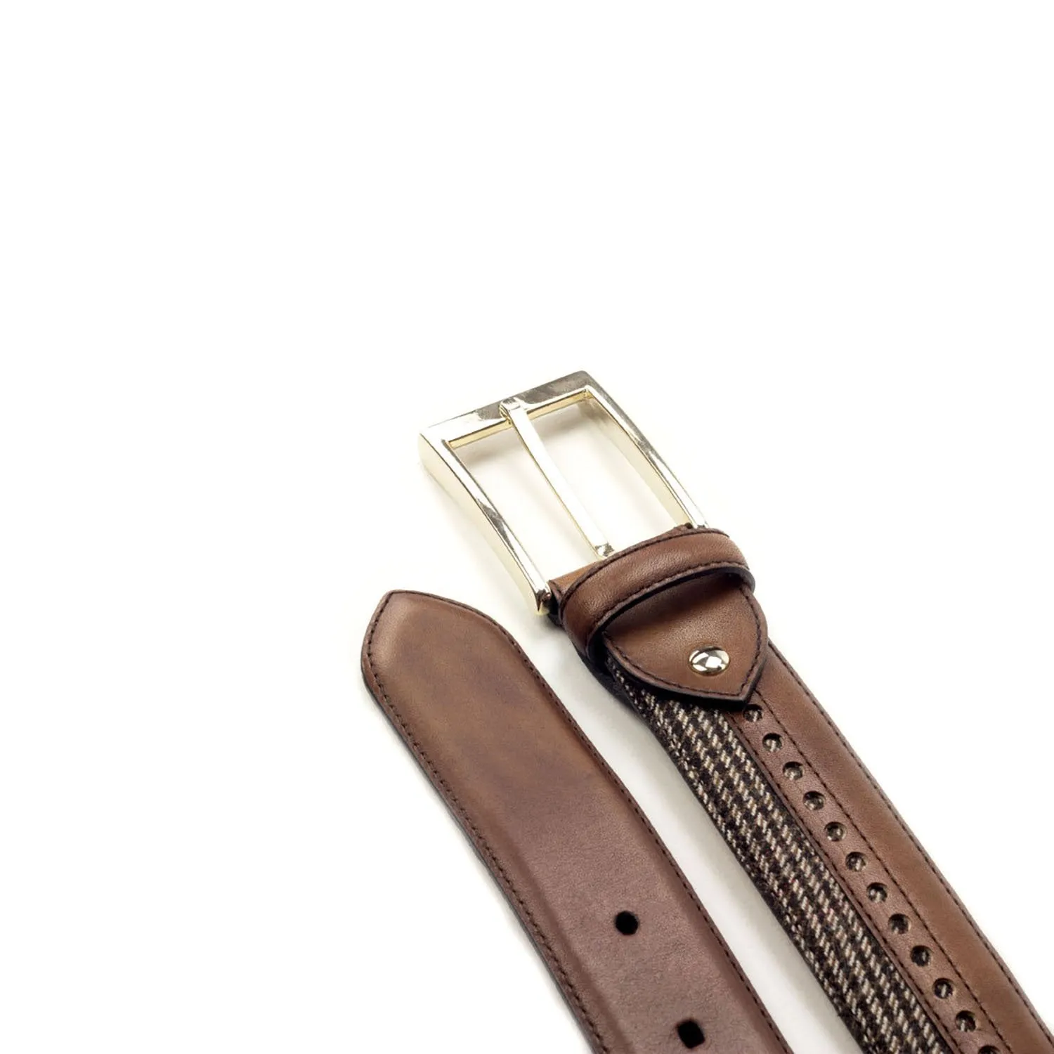 Ambrogio Beige & Brown Fabric / Calf-Skin Leather Sun-Valley Men's Belt (AMBB1032)