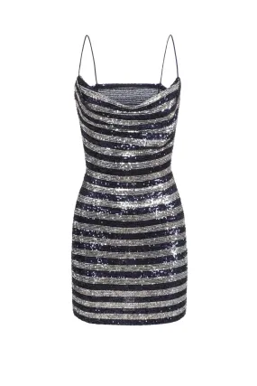 Balmain Babydoll Cowl Neck Glitter Dress - Navy/ Silver