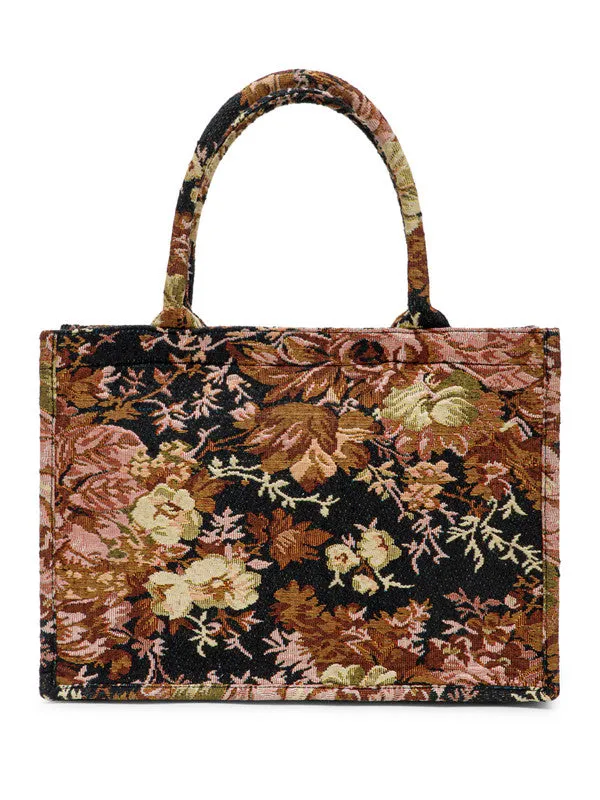 Berrylush Women Black & Pink Floral Printed Polyester Zipper-Up Embroidered Tote Bag