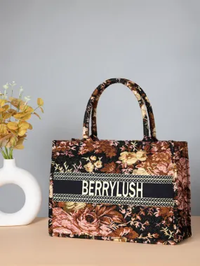 Berrylush Women Black & Pink Floral Printed Polyester Zipper-Up Embroidered Tote Bag