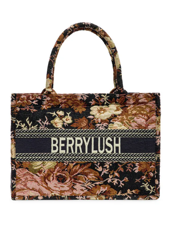 Berrylush Women Black & Pink Floral Printed Polyester Zipper-Up Embroidered Tote Bag