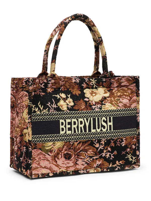 Berrylush Women Black & Pink Floral Printed Polyester Zipper-Up Embroidered Tote Bag