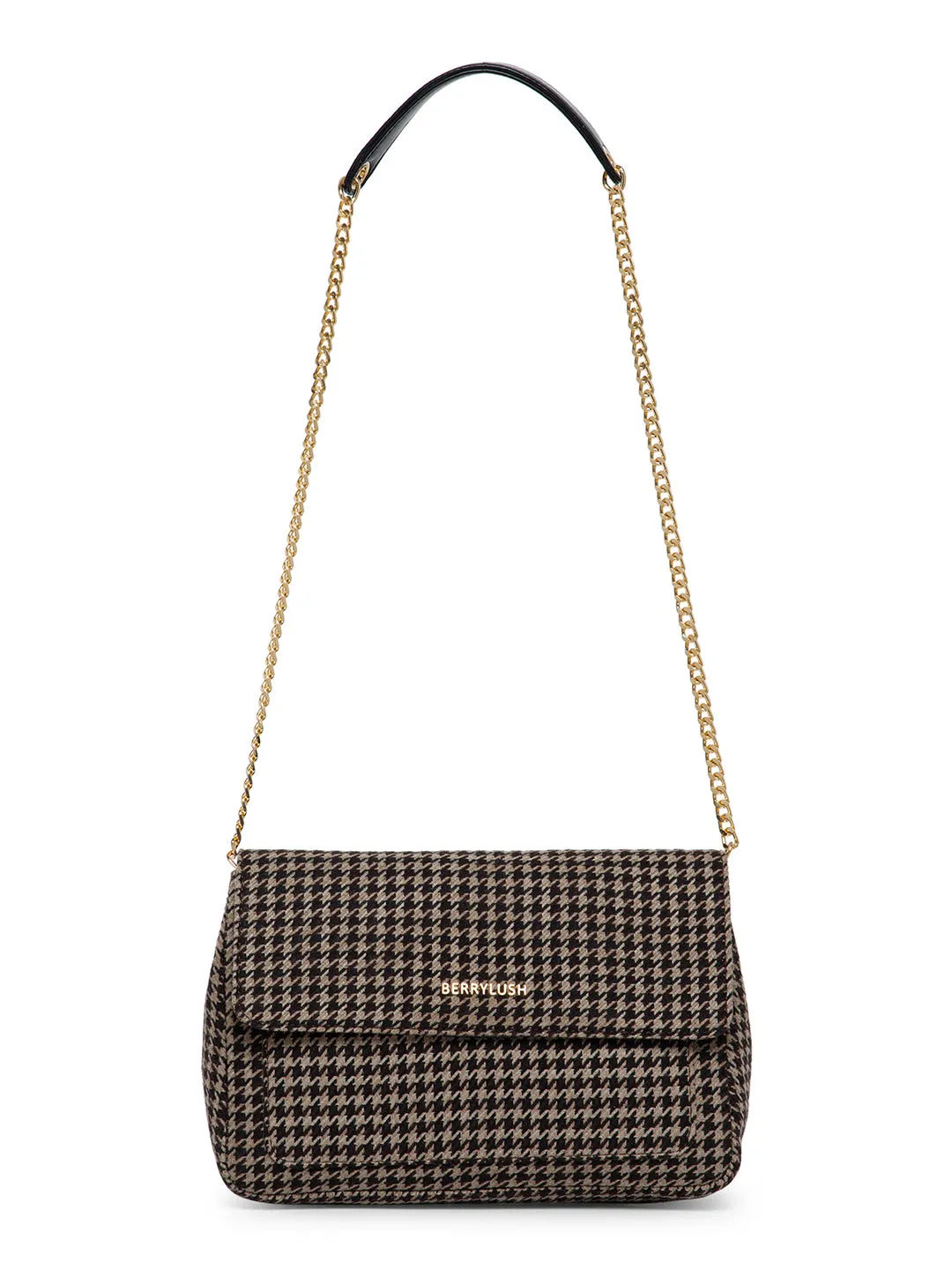 Berrylush Women Brown & Beige Houndstooth Printed Fabric Chain Sling Strap Shoulder Bag