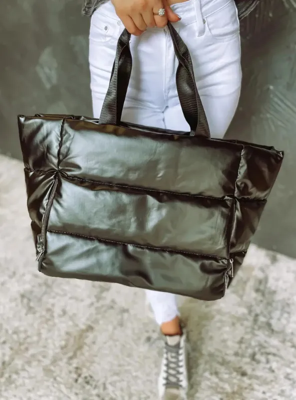 Black Metallic Puffer Tote