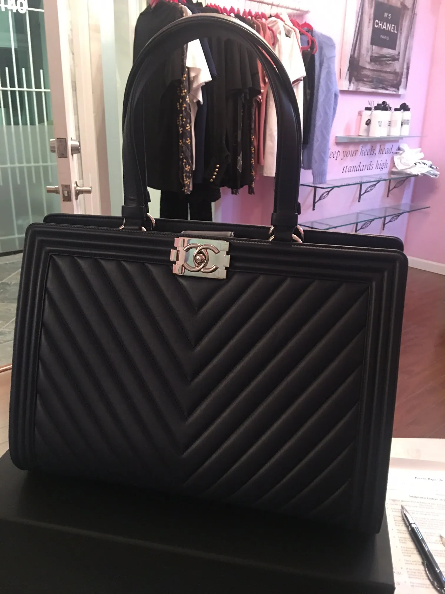 Chanel chevron boy bag shopping tote