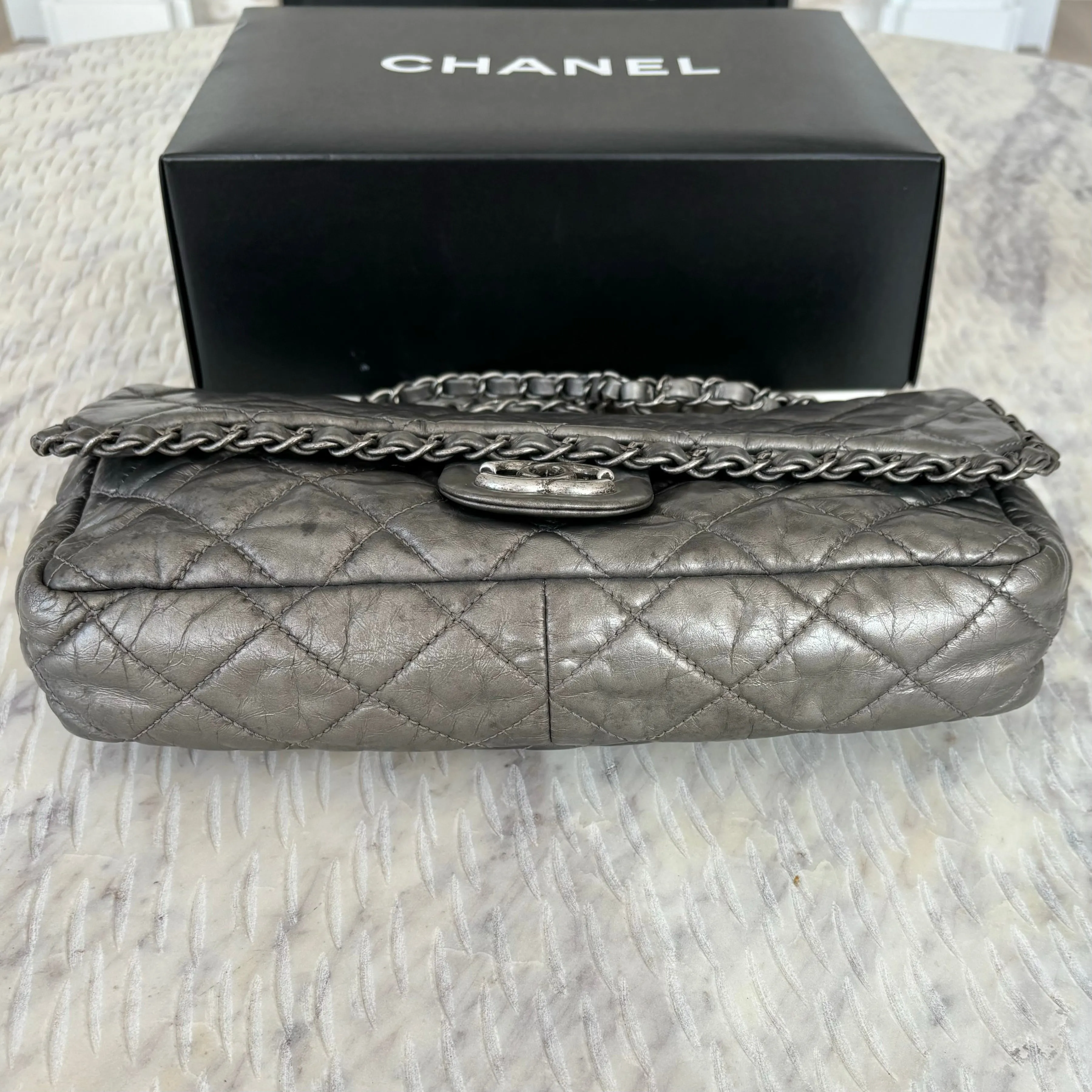 Chanel Gray CC Chain Me Timeless Flap Lambskin Leather Shoulder Bag Grey