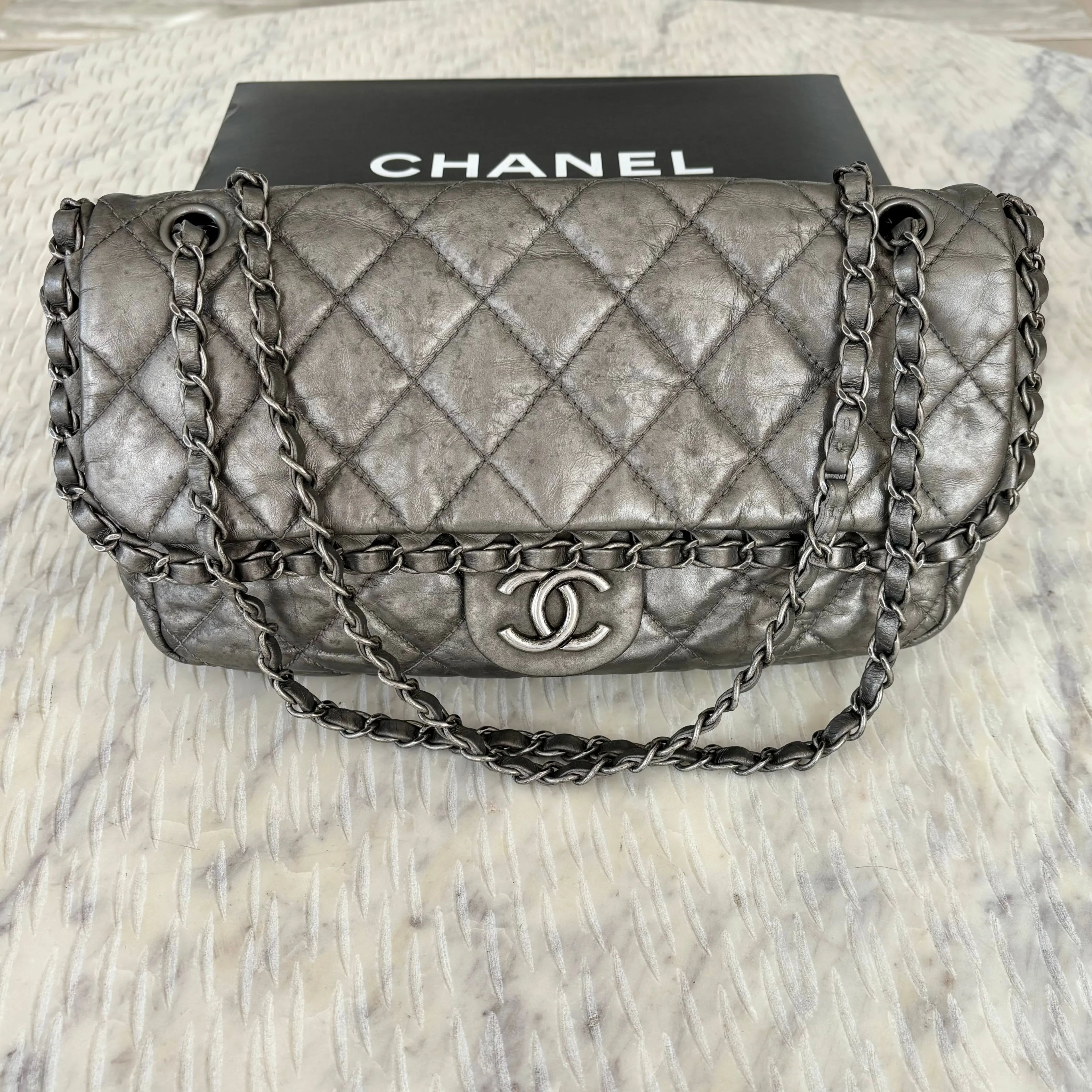 Chanel Gray CC Chain Me Timeless Flap Lambskin Leather Shoulder Bag Grey