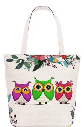 Cute 3 Owl Family Print Canvas Tote Bag