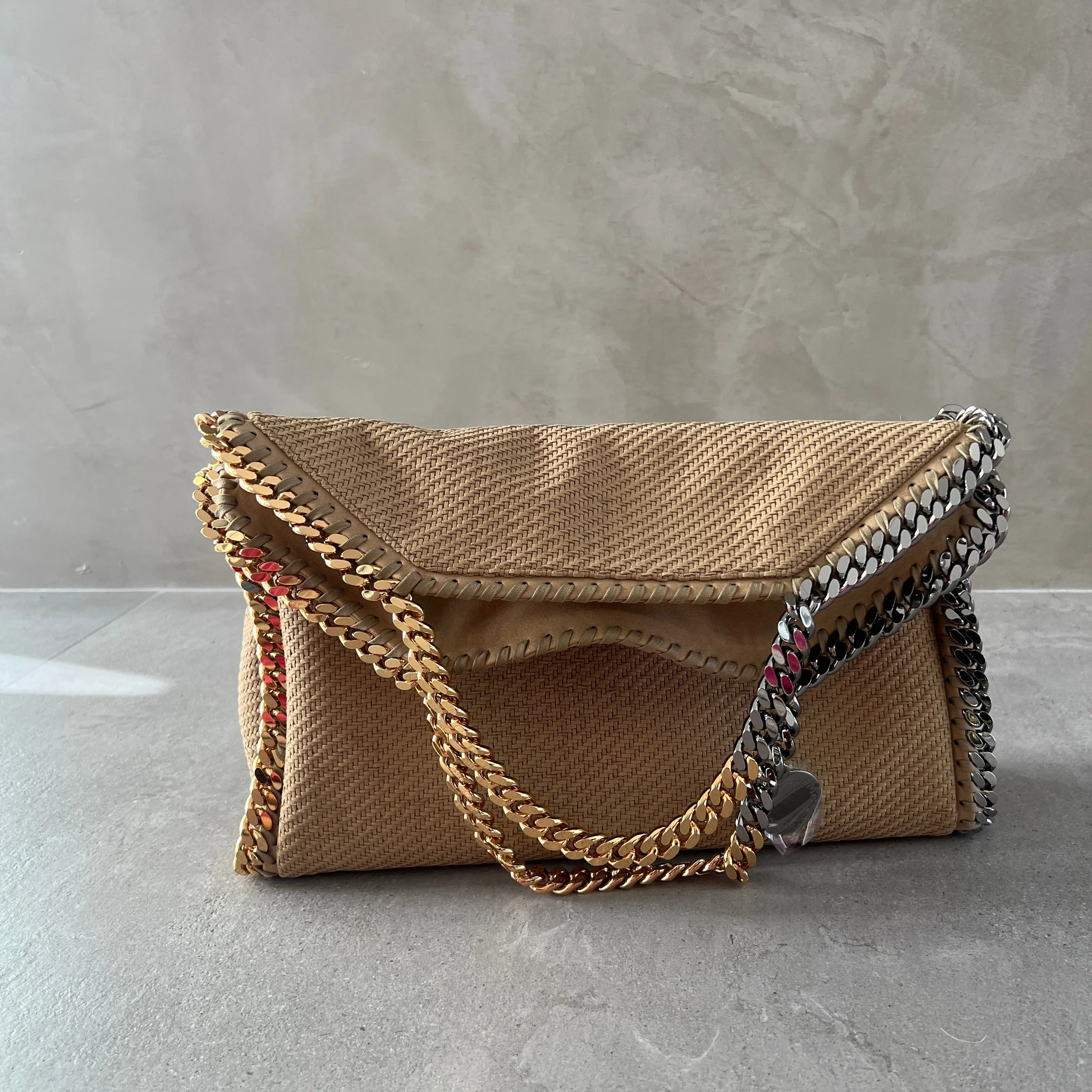 Falabella Large 3 Chain Tote Bag in Woven Suede, Light Camel