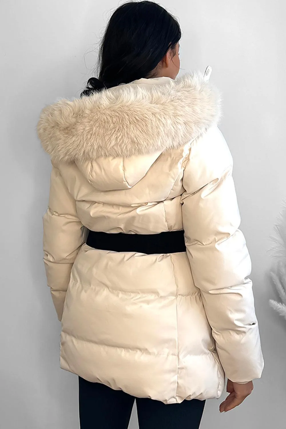 Faux Fur Hood Bag Belt Winter Jacket