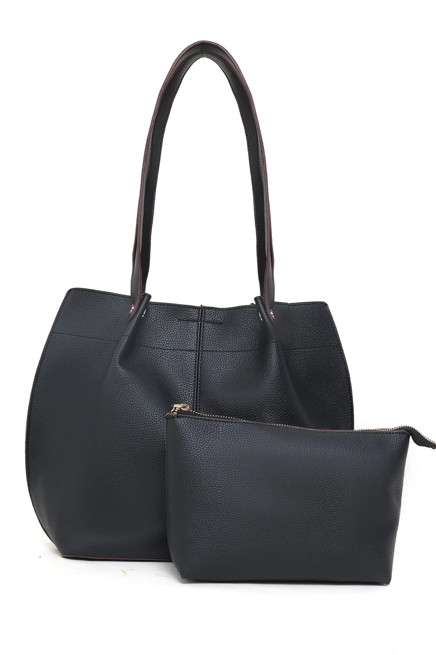 FAUX LEATHER TOTE AND POUCH DUO-BLACK