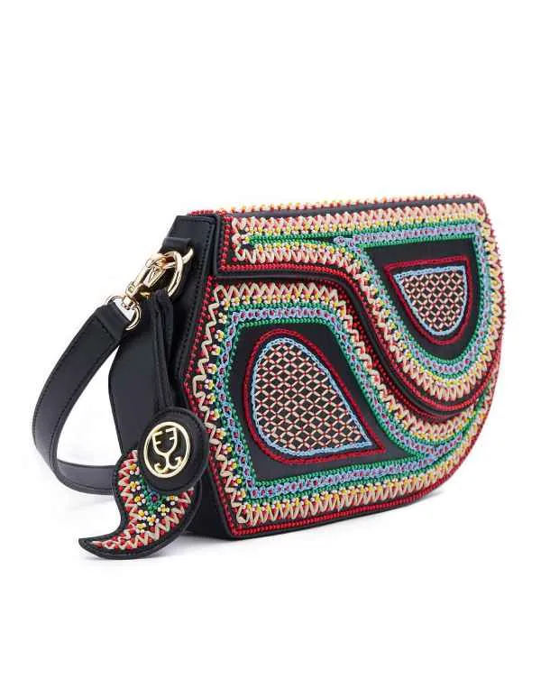 GEO Shoulder Bag Leather : Black (With Colourful Beads)