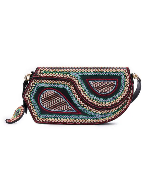 GEO Shoulder Bag Leather : Black (With Colourful Beads)