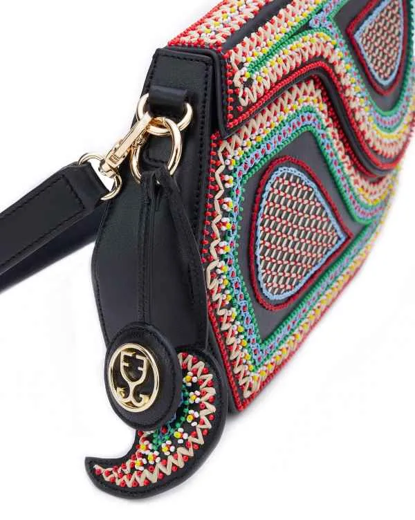 GEO Shoulder Bag Leather : Black (With Colourful Beads)