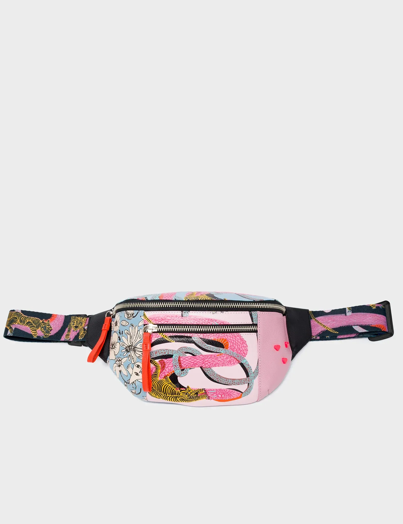 Harold Fanny Pack Blush Pink And Stratosphere Blue Leather - Tangle Rumble Print