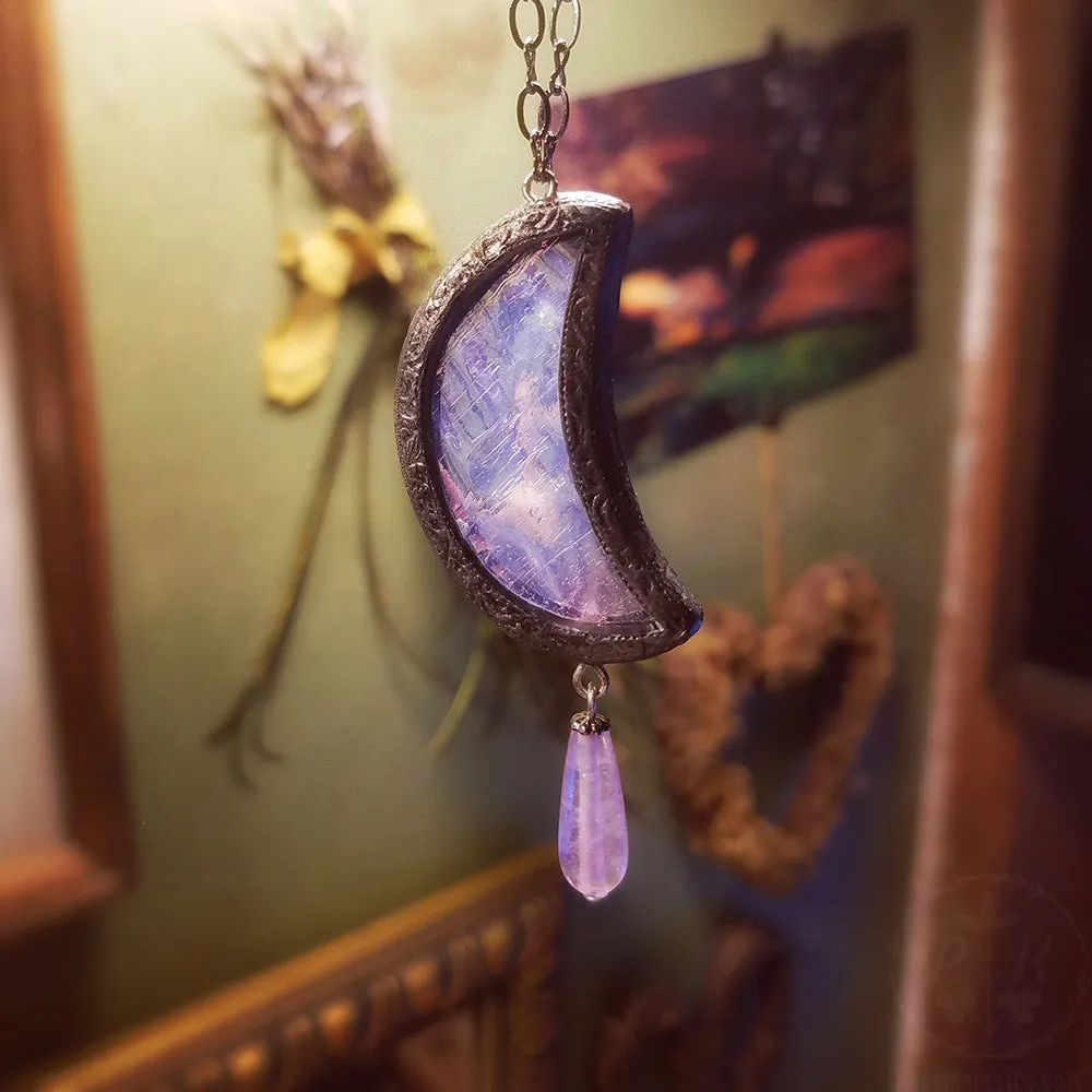 Iridescent Lavender Luna Crescent ~ Stained Glass Amulet