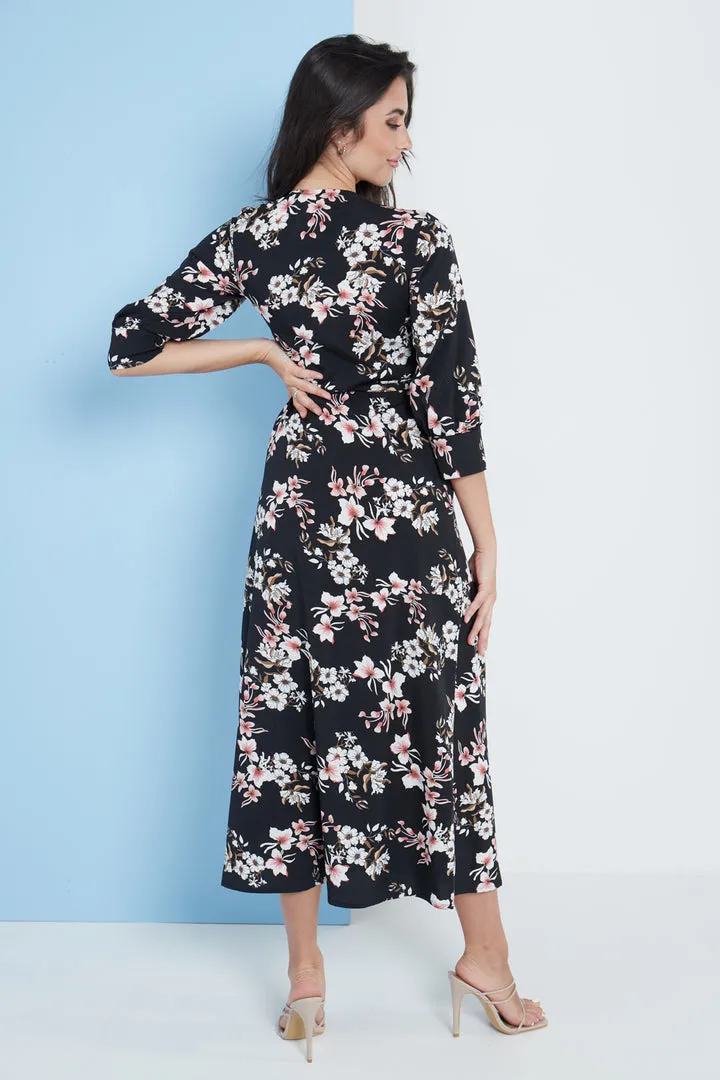 Lilura London Midi Wrap Dress In Black Floral Print