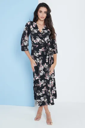 Lilura London Midi Wrap Dress In Black Floral Print