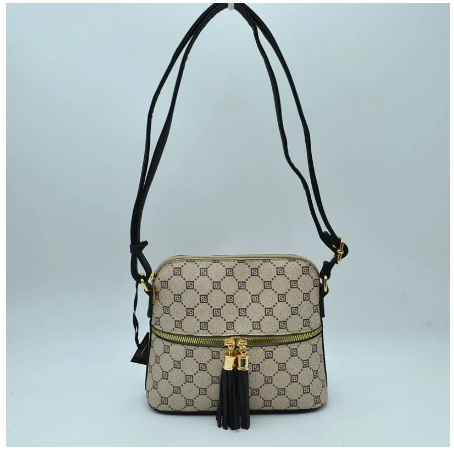 Monogram pattern crossbody bag - khaki/black