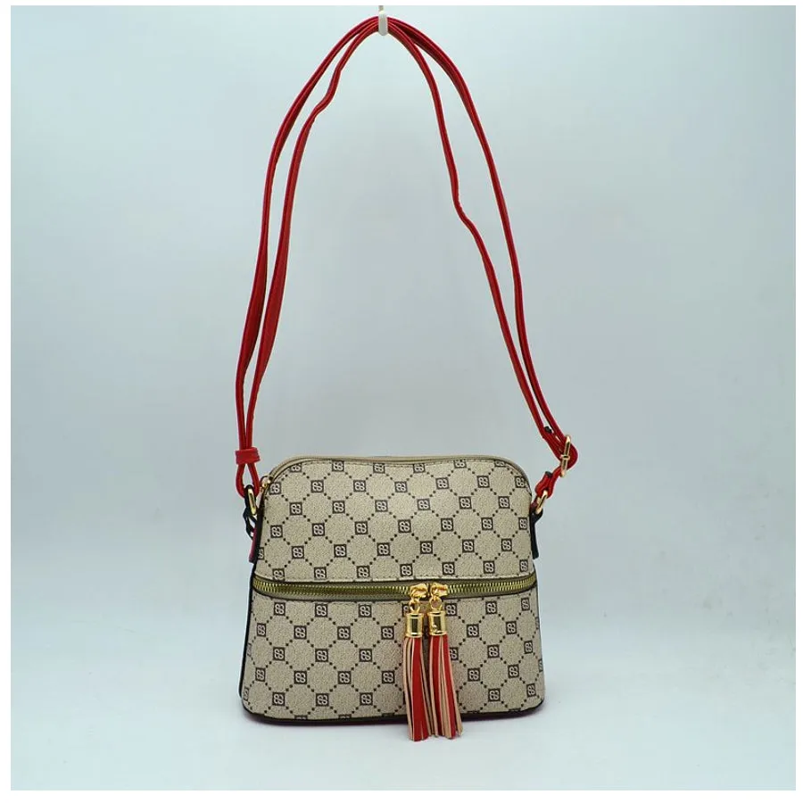 Monogram pattern crossbody bag - khaki/red