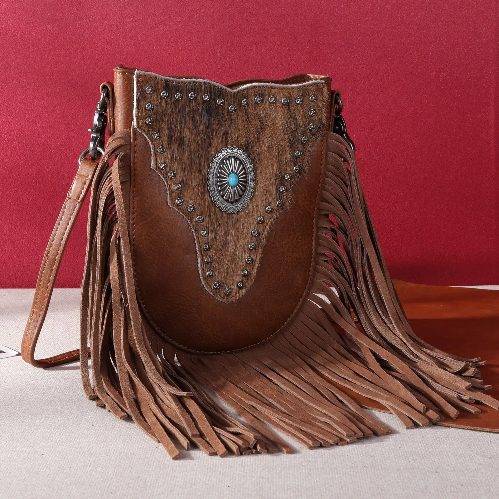 MW1243-8369 Montana West Hair-On Cowhide Fringe Crossbody