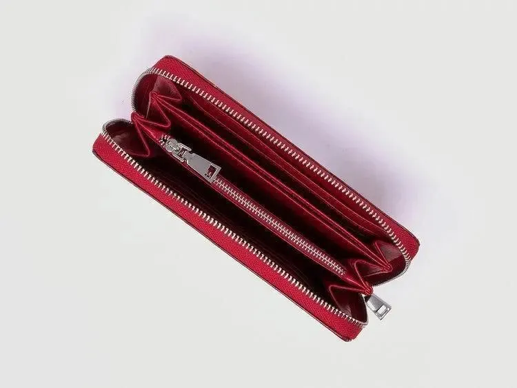 Red Vegan Leaf leather large Zip Wallet