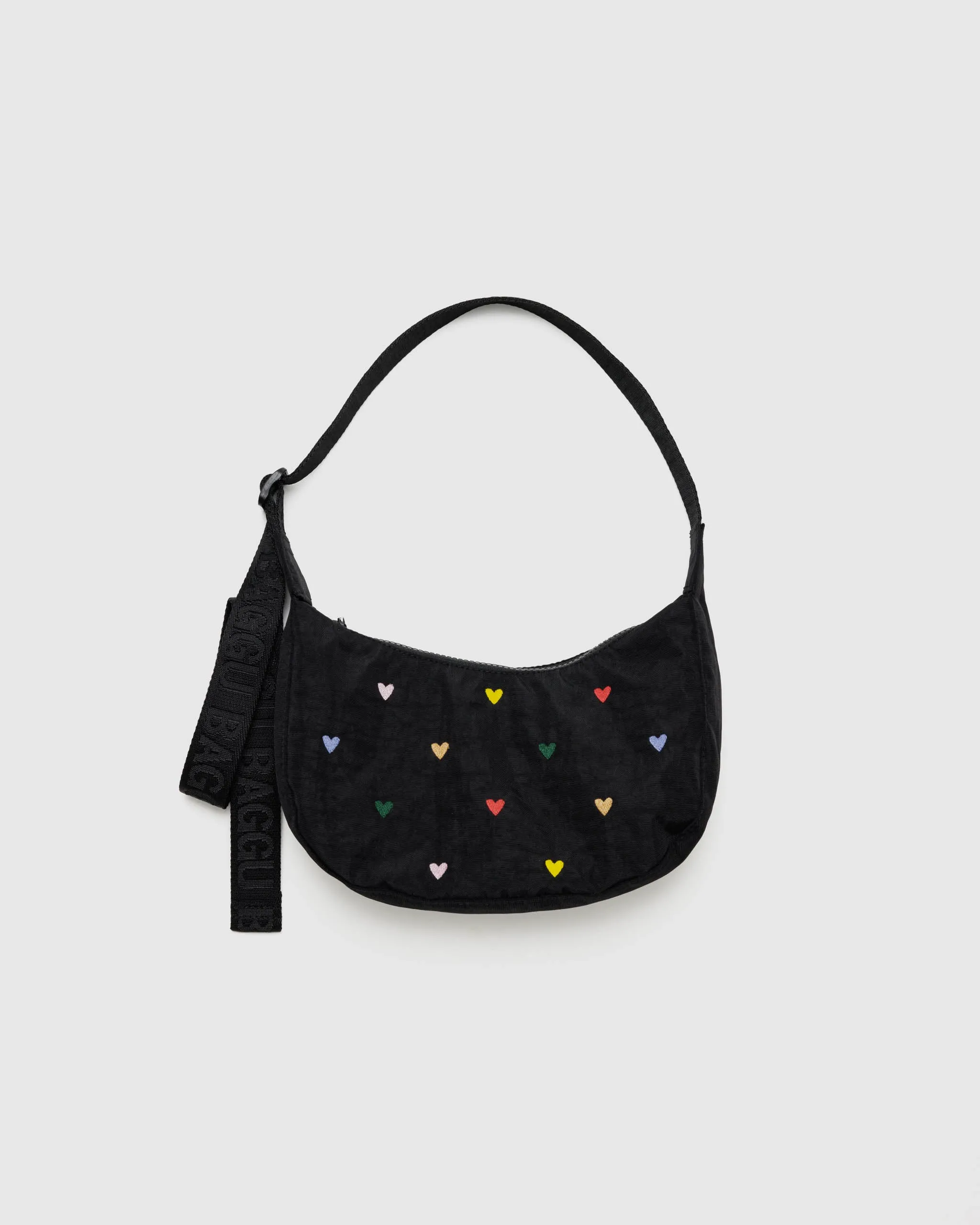 Small Nylon Crescent Bag Embroidered Hearts