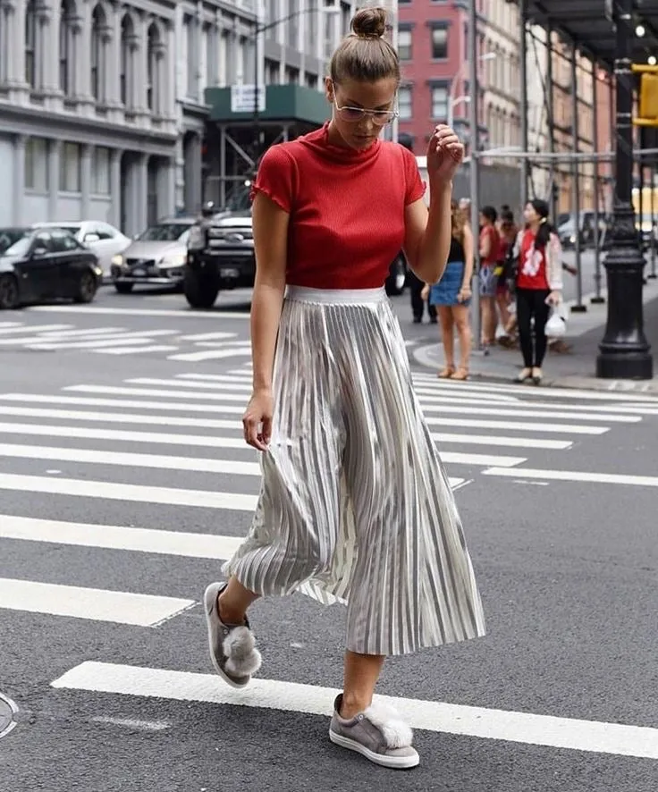 Trendy Shiny Satin Pleated Skirt