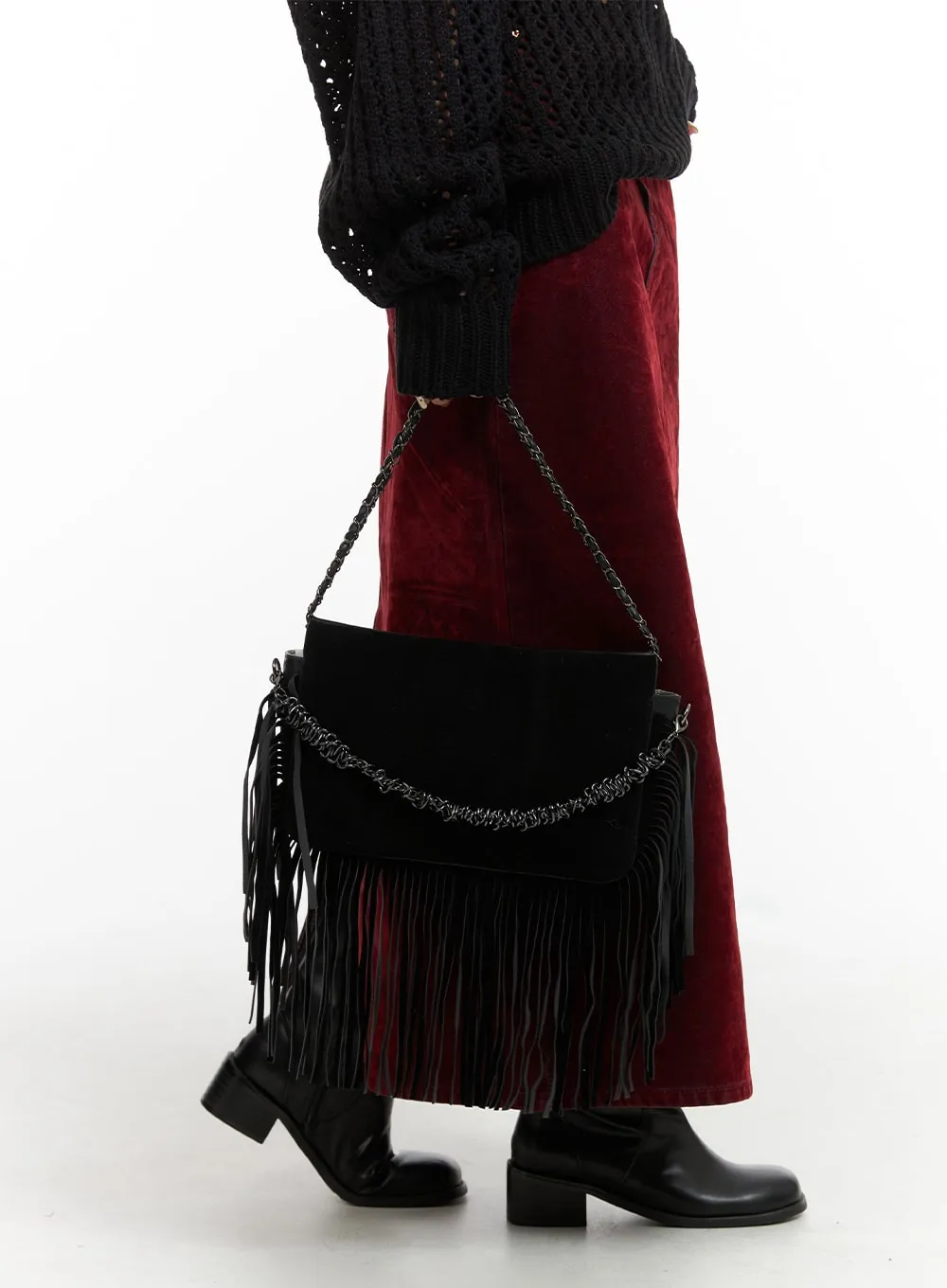 Two-Way Strap Fringe Suede Shoulder Bag CJ410