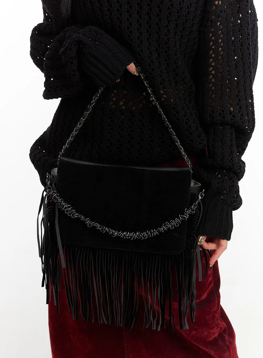 Two-Way Strap Fringe Suede Shoulder Bag CJ410