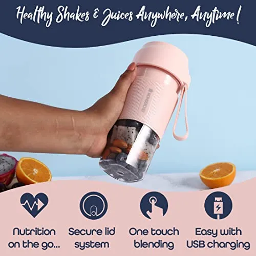 Wonderchef Nutri-Cup Portable Blender | USB Charging | Battery Operated Rechargeable Blender | 300ml | Pink